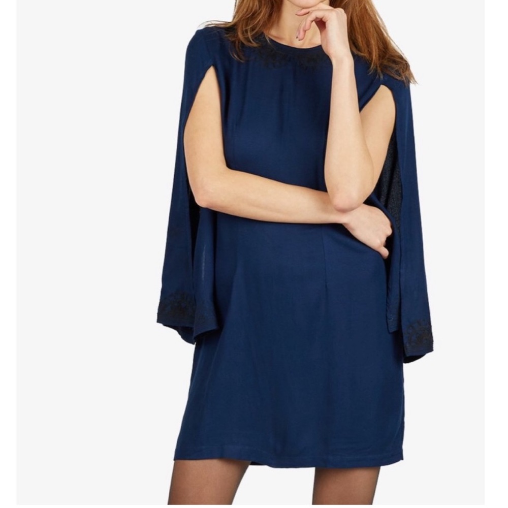 Anthropologie Cleobella Bengal Navy Embroidered Dress Split Bell Sleeves